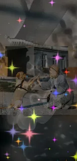 Dog and woman in sparkles high-five in vibrant wallpaper.