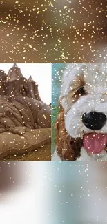 Wallpaper of a dog and sandcastle with gold sparkles.