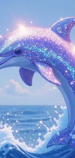 A sparkling dolphin leaps through ocean waves with magical sparkles in a fantasy scene.
