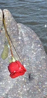 A dolphin with sparkles holds a red rose in the ocean.