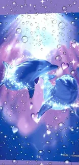 Sparkling dolphins in blue and purple hues with bubble effects.