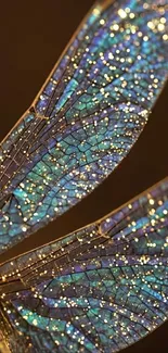 Close-up of sparkling dragonfly wings with blue hues on a mobile wallpaper.