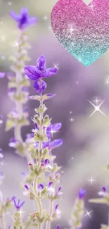 Dreamy purple flowers and a sparkling heart wallpaper.