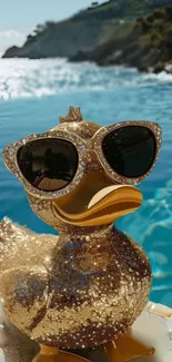 Golden duck with sunglasses by turquoise water background.