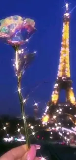 Sparkling Eiffel Tower with glowing rose at night, Paris wallpaper.