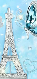 Eiffel Tower with butterflies and jewels on a sky blue background.