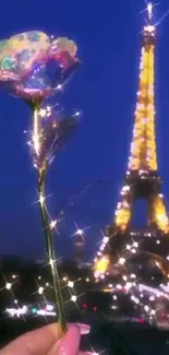 Sparkling floral view with Eiffel Tower at night.