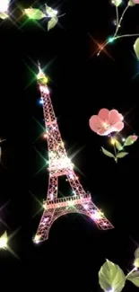 Eiffel Tower with floral designs on a dark background.