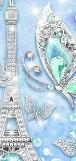 Sparkling Eiffel Tower and butterflies in aquamarine.