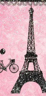 Pink sparkling wallpaper with Eiffel Tower, bike, and balloons.