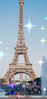 Eiffel Tower with sparkling stars and blue sky wallpaper.