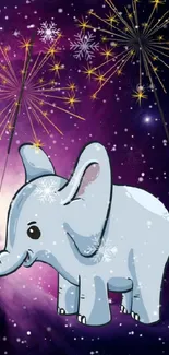 Whimsical cartoon elephant with fireworks in a galaxy background.