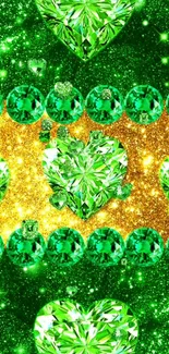 Emerald green heart wallpaper with sparkles and gold accents.