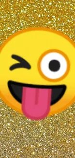 Winking emoji with tongue on glittery gold background.