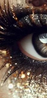 Close-up of a sparkling eye with glittering lashes.