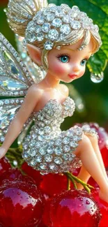 Sparkling fairy with diamond wings on cherries.