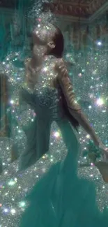 Woman in sparkling turquoise dress amid a fantasy-themed backdrop.