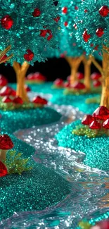 Fantasy scene with glitter trees and jeweled mushrooms.