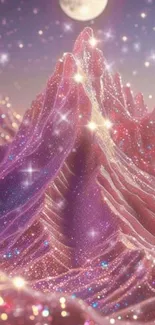 Sparkling pink fantasy mountains under moonlight.