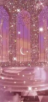 Pink sparkling castle with crescent moon and glittering decor.