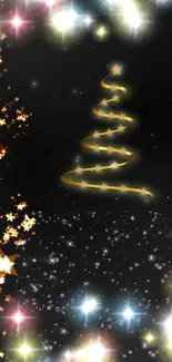 Mobile wallpaper featuring a golden spiral tree with stars on a black background.