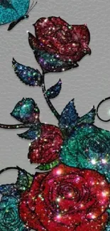 Sparkling red roses with butterfly on textured background.