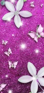 Magenta wallpaper with flowers and butterflies, sparkling with crystals.