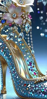 Sparkling high heel with floral crystals and jewels on a blue background.