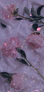 Pink peonies on a sparkly lilac background wallpaper.