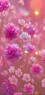 Sparkling pink floral wallpaper with glittery blossoms.