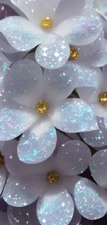 White flowers with glitter and gold centers in a mobile wallpaper.