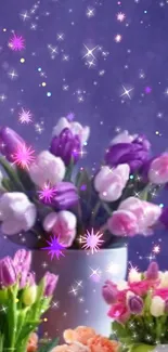 Mobile wallpaper with sparkly tulips in purple and pink, creating a whimsical vibe.