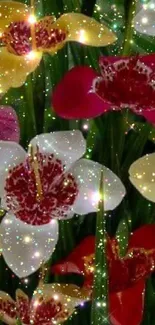 Sparkling floral wallpaper with colorful flowers and glitter effect.