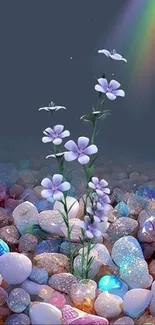 Delicate flowers among sparkling stones with rainbow light.