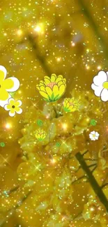 Yellow floral wallpaper with sparkling flowers, vibrant and cheerful.