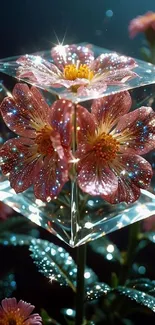 Sparkling pink flower encased in a crystal cube, set in a night garden.