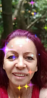 Woman with red hair in forest with sparkles.