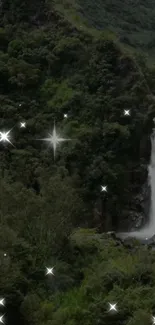 Lush green forest wallpaper with a waterfall and sparkling stars.