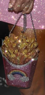 Sparkling fries handbag with rainbow decoration on a glittery pink background.