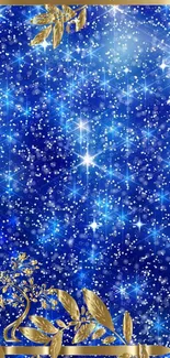 Blue galaxy wallpaper with gold leaves and sparkling stars.