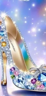 High heel with colorful gems and sparkling effect on blue background.