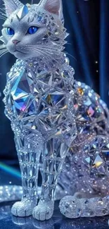 A dazzling digital cat adorned with gemstones, set against a blue background.