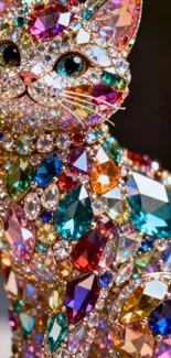 Colorful cat adorned with shimmering gemstones in artistic style.