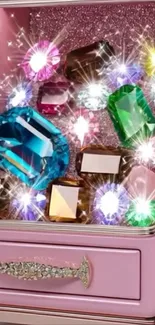 Colorful gemstones sparkle in a luxurious pink display.