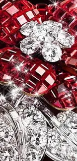 Sparkling red and silver gemstone flower design wallpaper.