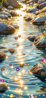 Sunlit stream with colorful gemstones sparkling in water.