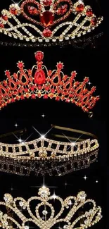 Collection of colorful gemstone tiaras on a black background.