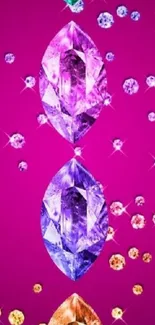 Vibrant pink wallpaper with sparkling gemstones in various colors.