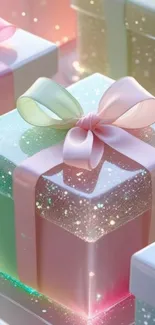 Sparkling pastel gift box with a shiny ribbon.