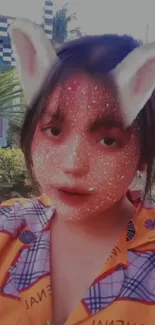 Glitter face filter with bunny ears and vibrant colors.